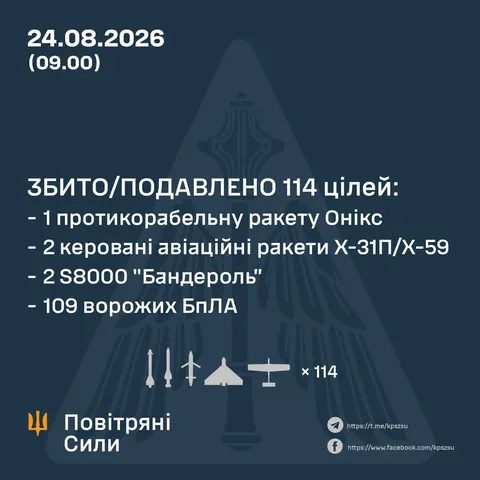 Повітряні сили знешкодили 114 цілей у ніч на 24 серпня
